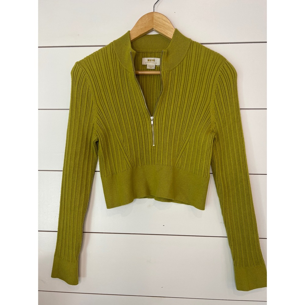 Maeve Anthropologie Chartreuse Green Ribbed Quarter Zip Cropped Sweater Medium